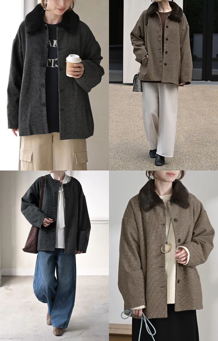 アウター ジャケット 千鳥格子 ファー襟 レディース コート ロング チェック 柄 長袖 羽織 チュニック ブルゾン オーバーサイズ カバーオール 取り外し可能 2WAY 軽い ボタン 大きいサイズ 体型カバー お尻が隠れる きれいめ 黒 ブラウン 秋 冬 HUG.U - Image 19