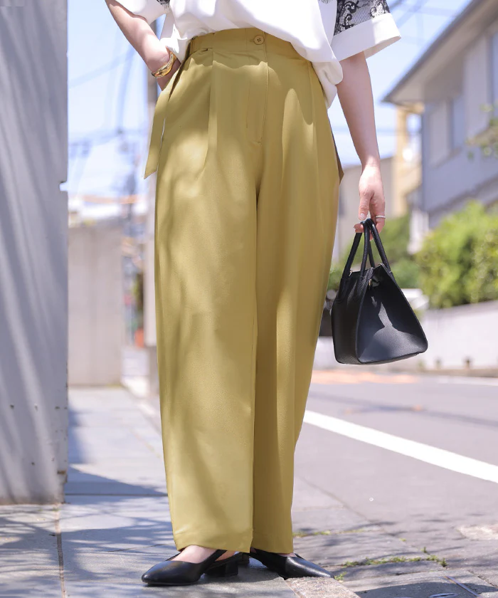 「すっきり美脚シルエット」 パンツ テーパード レディース スラックス ロング 洗える ボトムス 美脚 シワになりにくい ストレッチ サイドベルト 体型カバー 黒 ベージュ 青 黄 春 夏 Bee Bouquet - Image 30