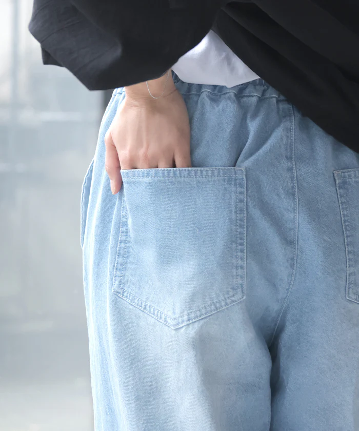 「穿くだけで細見え」 パンツ デニム ワイド イージーパンツ レディース ボトム ロング ジーパン ボトムス ずぼん ウエストゴム 楽ちん ゆったり カジュアル ライトオンス 薄手 ユーズドブルー インディゴ 春 夏 Bee Bouquet - Image 17