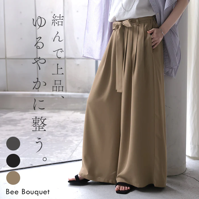 「視線を奪う大人リボン」 パンツ ワイド タック ボトムス レディース ロング スラックス リボン 体型カバー ゆったり ハイウエスト シワになりにくい きれいめ オフィス グレー ベージュ 黒 春 夏 Bee Bouquet