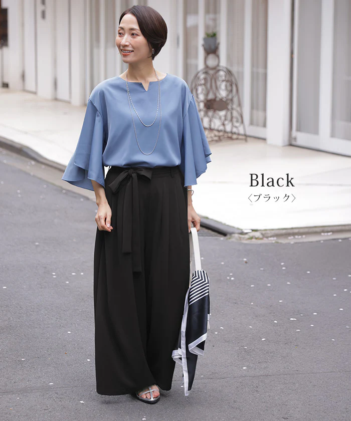 「視線を奪う大人リボン」 パンツ ワイド タック ボトムス レディース ロング スラックス リボン 体型カバー ゆったり ハイウエスト シワになりにくい きれいめ オフィス グレー ベージュ 黒 春 夏 Bee Bouquet - Image 15