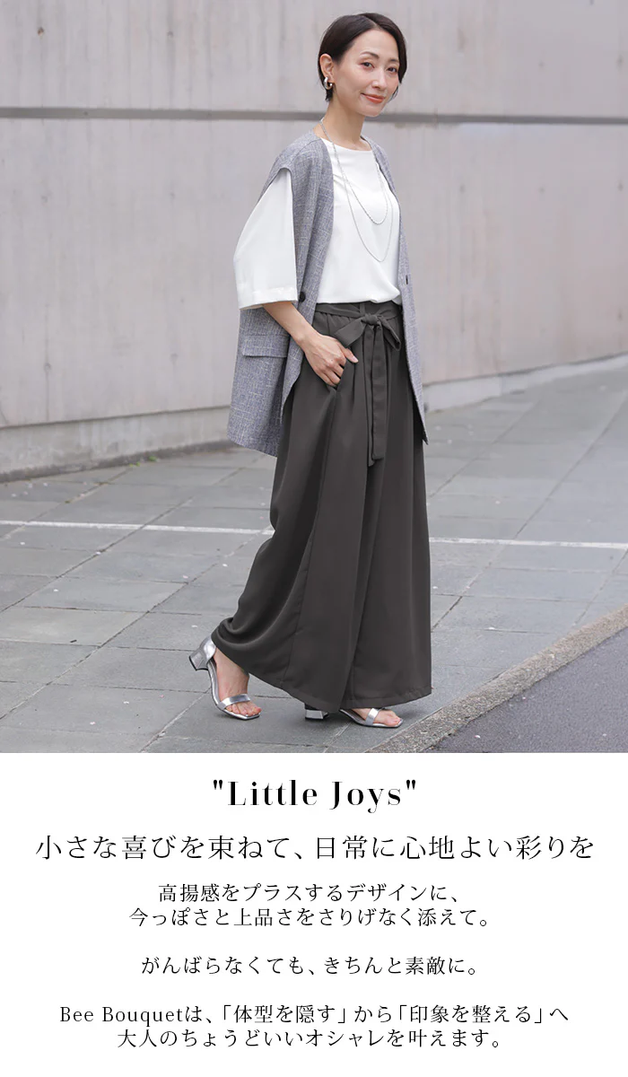 「視線を奪う大人リボン」 パンツ ワイド タック ボトムス レディース ロング スラックス リボン 体型カバー ゆったり ハイウエスト シワになりにくい きれいめ オフィス グレー ベージュ 黒 春 夏 Bee Bouquet - Image 2