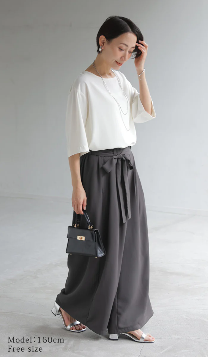 「視線を奪う大人リボン」 パンツ ワイド タック ボトムス レディース ロング スラックス リボン 体型カバー ゆったり ハイウエスト シワになりにくい きれいめ オフィス グレー ベージュ 黒 春 夏 Bee Bouquet - Image 21