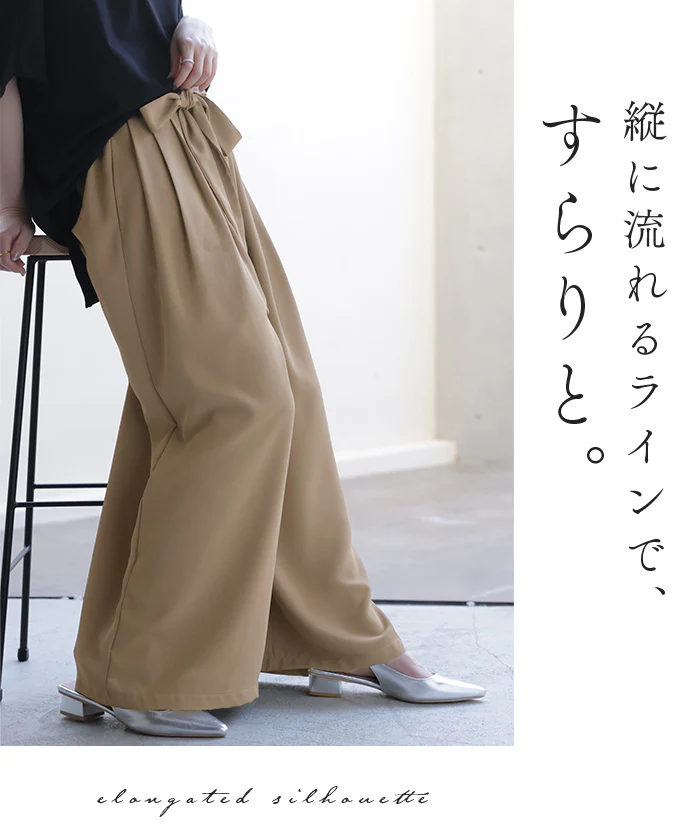 「視線を奪う大人リボン」 パンツ ワイド タック ボトムス レディース ロング スラックス リボン 体型カバー ゆったり ハイウエスト シワになりにくい きれいめ オフィス グレー ベージュ 黒 春 夏 Bee Bouquet - Image 9