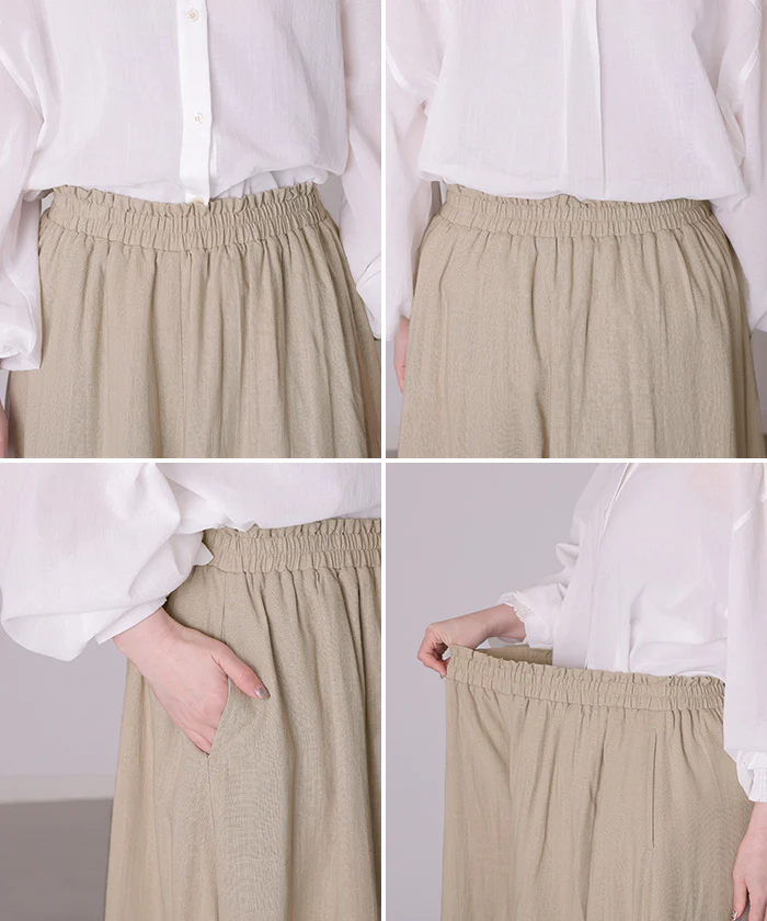 「風はらむ涼感フレア」 パンツ ロング ワイド レディース ボトム ボトムス ずぼん ガウチョパンツ ワイドパンツ ロングパンツ スカーチョ 8分丈 麻 フレア ウエストゴム ゆったり 体型カバー ベージュ 黒 青 春 夏 Bee Bouquet - Image 22