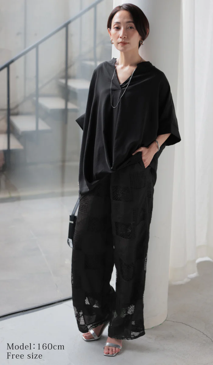 「大人のリラクシーレース」 パンツ レース 異素材MIX レディース ロング ワイド ワイドパンツ ロングパンツ ボトムス ボトム ストレート パッチワーク ウエストゴム ハイウエスト 裏地付き 透け 体型カバー 黒 白 春 夏 Bee Bouquet - Image 11