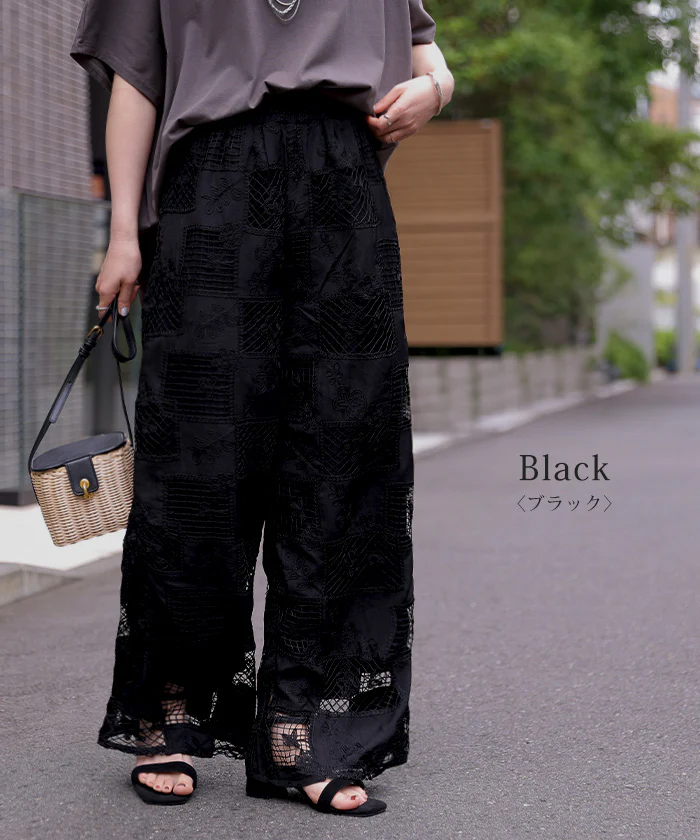 「大人のリラクシーレース」 パンツ レース 異素材MIX レディース ロング ワイド ワイドパンツ ロングパンツ ボトムス ボトム ストレート パッチワーク ウエストゴム ハイウエスト 裏地付き 透け 体型カバー 黒 白 春 夏 Bee Bouquet - Image 16