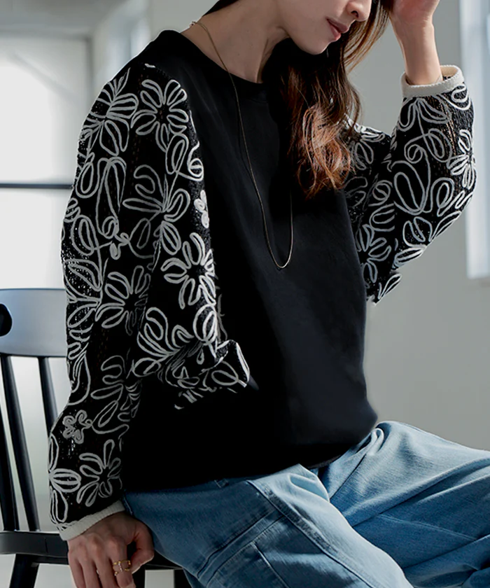 ジャスト丈 スウェット 花柄 コード刺繍 異素材 ドッキング レディース トップス ロング トレーナー オーバー プルオーバー 無地 長袖 長い ドルマン クルーネック レース 刺繍 ボリュームスリーブ ゆったり 体型カバー シアー きれいめ 黒 秋 冬 HUG.U - Image 20