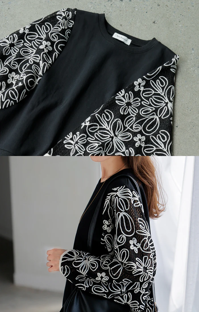 ジャスト丈 スウェット 花柄 コード刺繍 異素材 ドッキング レディース トップス ロング トレーナー オーバー プルオーバー 無地 長袖 長い ドルマン クルーネック レース 刺繍 ボリュームスリーブ ゆったり 体型カバー シアー きれいめ 黒 秋 冬 HUG.U - Image 9
