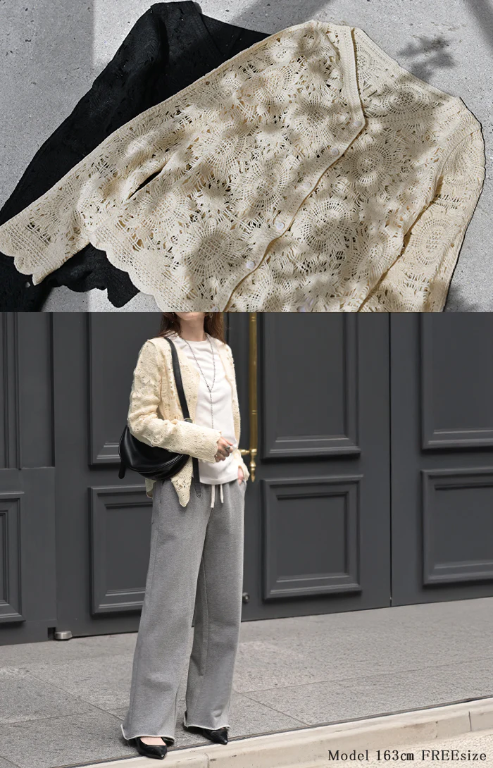 カーディガン レース 透かし編み レディース トップス カーデ セーター モヘアニット メッシュ ニットカーディガン 長袖 長い レイヤード 薄手 透け感 Vネック 総レース クロシェ編み 花柄 花柄レース 体型カバー ナチュラル 黒 アイボリー 秋 冬 HUG.U - Image 8