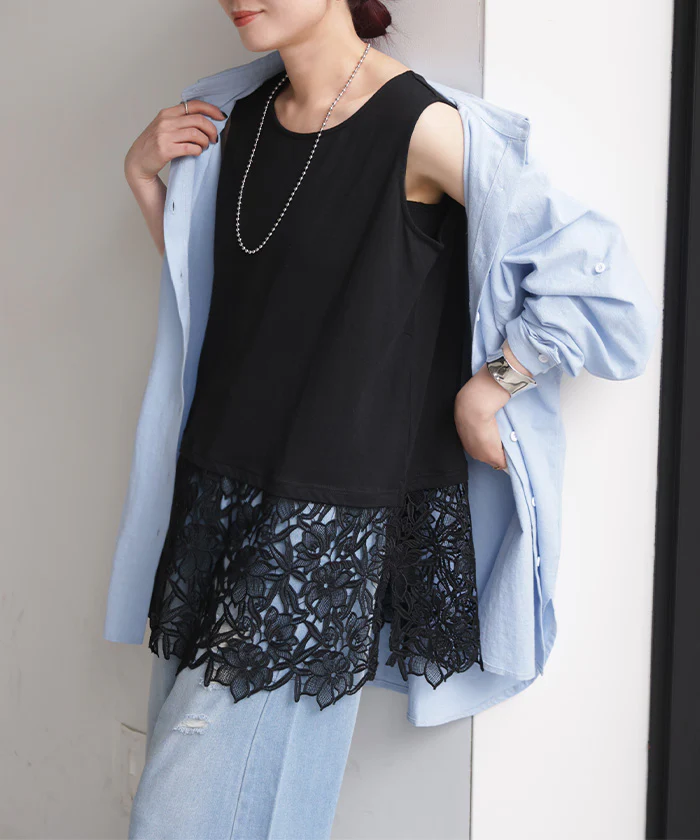 タンクトップ インナー レース 花柄 レディース ■7月中旬入荷 トップス タンク キャミソール クルーネック レイヤード スリット 裾レース 綿 異素材MIX 花柄レース 重ね 柔らかい 着回し ゆったり 体型カバー 大きいサイズ カジュアル きれいめ お尻隠れる 黒 白 ビーブーケ メール便 - Image 28