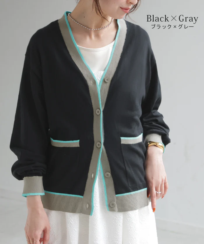 カーディガン「大人の配色。」ポケット コットン 綿100 レディース ニット カーデ トップス Vネック 羽織 ゆったり 体型カバー パープル 黒 グレージュ 春 夏 秋 Bee Bouquet - Image 14