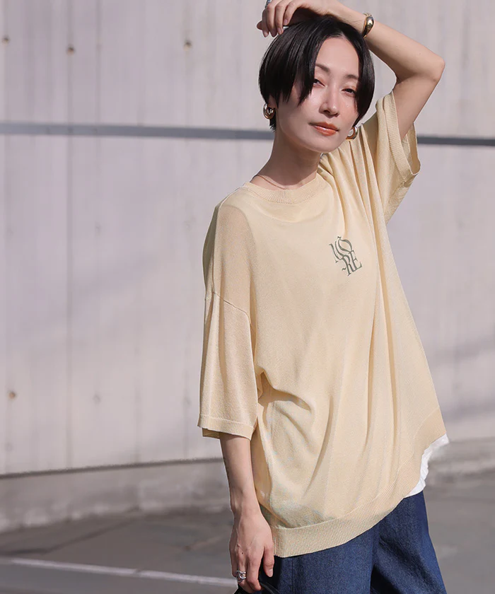 「抜け感シアーで大人見え」 ニット ロゴ プリント レディース トップス サマーニット ニット 半袖 Tシャツ シアー 透け感 半袖 ゆったり 体型カバー レイヤード グレー 緑 ベージュ 春 夏 Bee Bouquet メール便 - Image 26