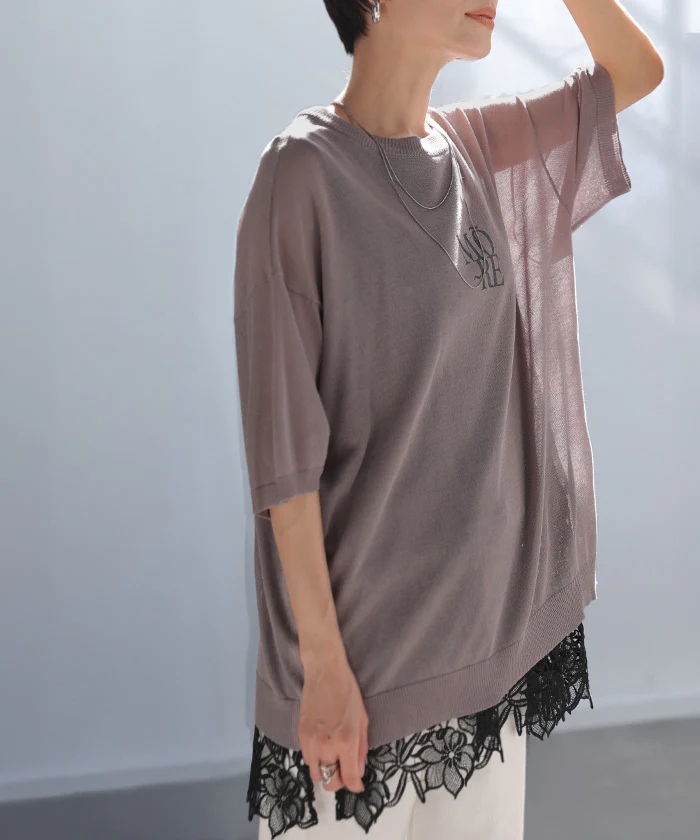 「抜け感シアーで大人見え」 ニット ロゴ プリント レディース トップス サマーニット ニット 半袖 Tシャツ シアー 透け感 半袖 ゆったり 体型カバー レイヤード グレー 緑 ベージュ 春 夏 Bee Bouquet メール便 - Image 28