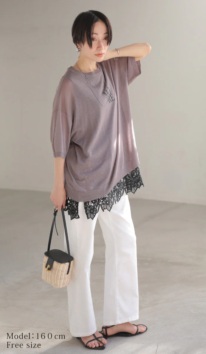 「抜け感シアーで大人見え」 ニット ロゴ プリント レディース トップス サマーニット ニット 半袖 Tシャツ シアー 透け感 半袖 ゆったり 体型カバー レイヤード グレー 緑 ベージュ 春 夏 Bee Bouquet メール便 - Image 9