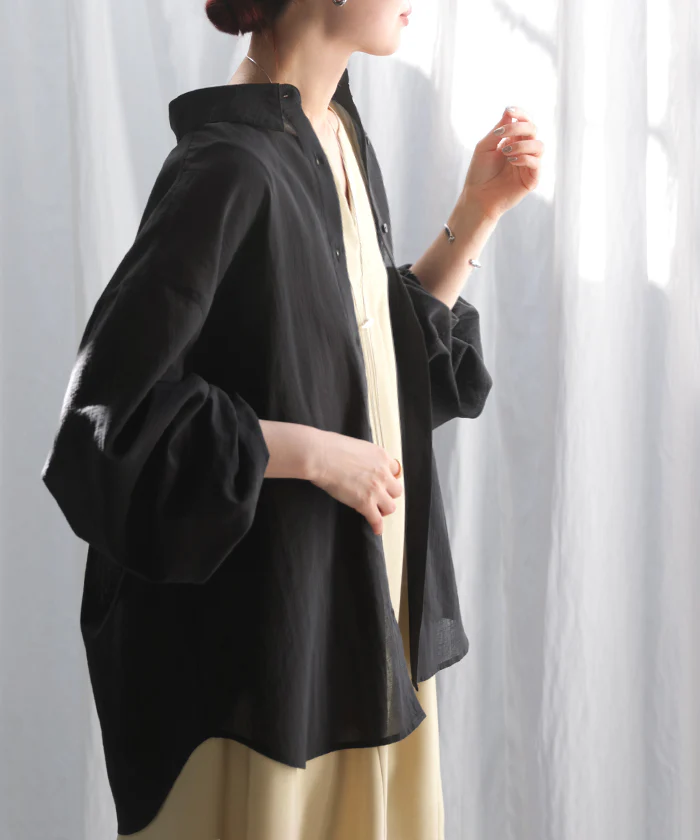 「涼しげシアーで魅せる」 シャツ アウター カシュクール シアー " 3WAY " レディース トップス ロング チュニック ブラウス 羽織り 綿100% ボタン 長袖 ライトアウター 体型カバー 透け感 ゆったり 白 黄 水色 黒 春 夏 Bee Bouquet - Image 26