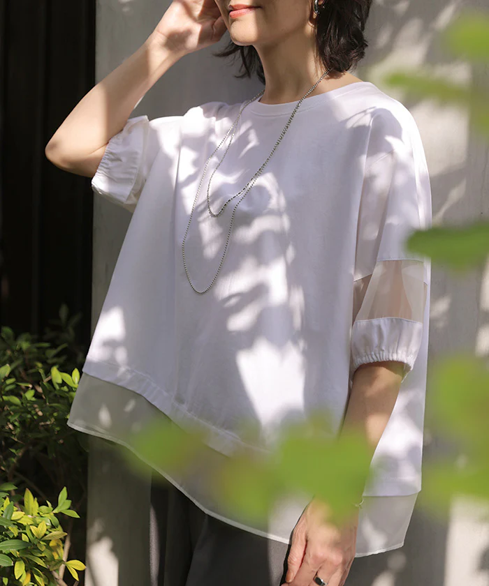 「涼やか異素材ミックス」 Tシャツ ドッキング オーガンジ レディース トップス カットソー ティーシャツ 透け 異素材 チュール ランタンスリーブ Uネック 半袖 無地 体型カバー きれいめ 白 黒 春 夏 Bee Bouquet メール便 - Image 7