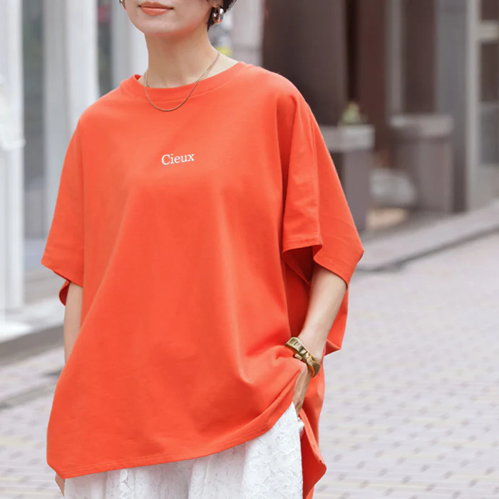 プリントT 「理想のオーバーサイズ」 一枚でサマになる ゆったり レディース Tシャツ 半袖 プリント カットソー ゆったり スリット 体型カバー ホワイト オレンジ ダークグレー ブラック 春夏 Bee Bouquet - Image 28