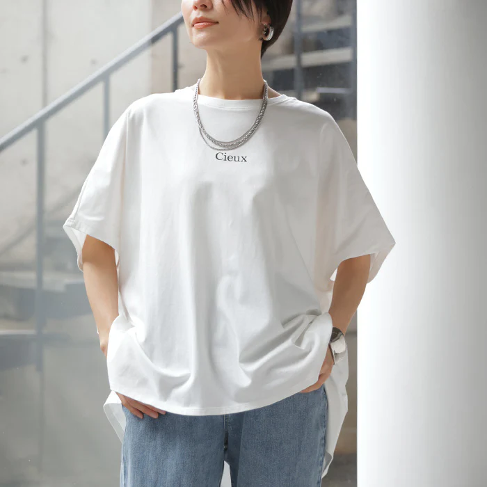 プリントT 「理想のオーバーサイズ」 一枚でサマになる ゆったり レディース Tシャツ 半袖 プリント カットソー ゆったり スリット 体型カバー ホワイト オレンジ ダークグレー ブラック 春夏 Bee Bouquet - Image 29