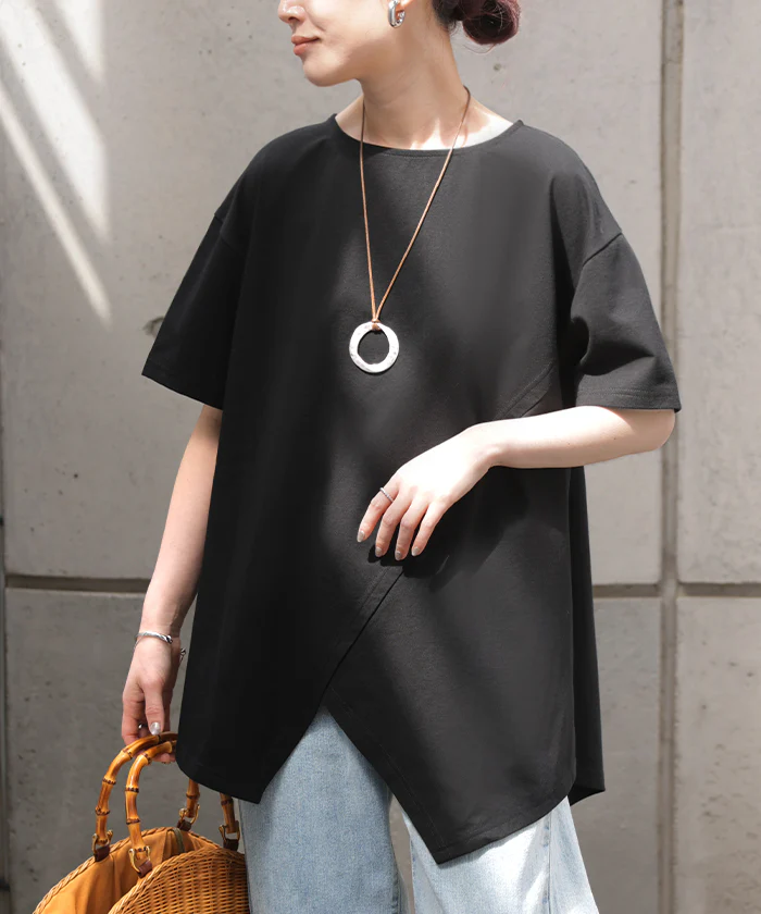 変形 Tシャツ「360度抜かりない変形シルエット」 レディース カットソー チュニック 半袖 アシンメトリー 丈 オーバーサイズ 体型カバー お尻が隠れる ホワイトブラック ブルー 春夏 Bee Bouquet メール便 - Image 25