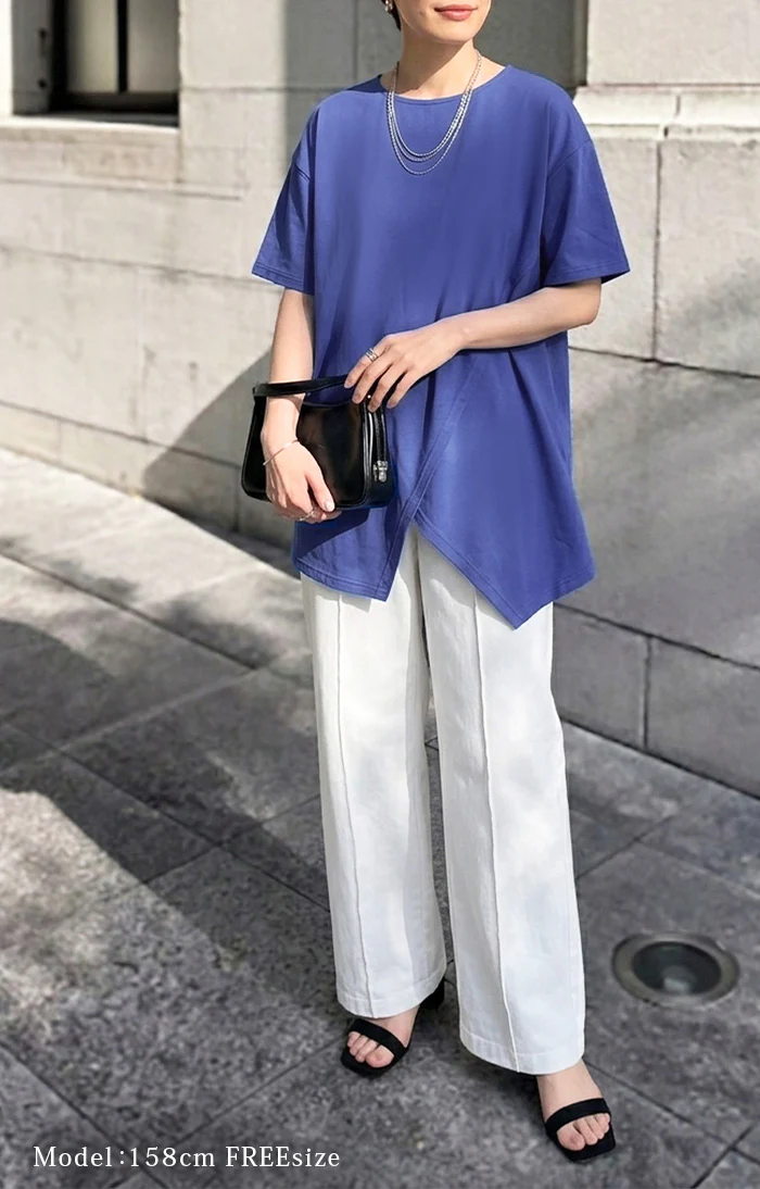 変形 Tシャツ「360度抜かりない変形シルエット」 レディース カットソー チュニック 半袖 アシンメトリー 丈 オーバーサイズ 体型カバー お尻が隠れる ホワイトブラック ブルー 春夏 Bee Bouquet メール便 - Image 7