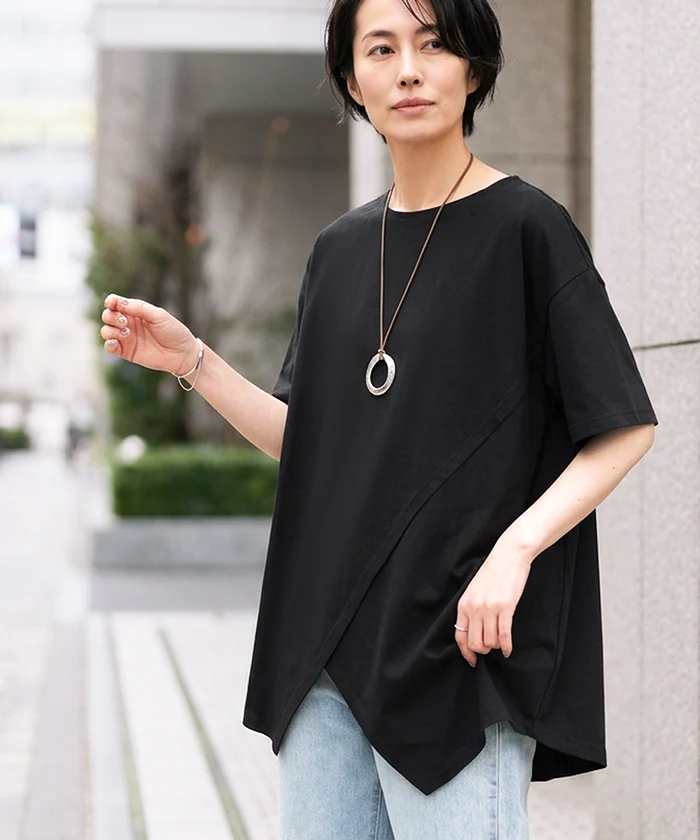 変形 Tシャツ「360度抜かりない変形シルエット」 レディース カットソー チュニック 半袖 アシンメトリー 丈 オーバーサイズ 体型カバー お尻が隠れる ホワイトブラック ブルー 春夏 Bee Bouquet メール便 - Image 8