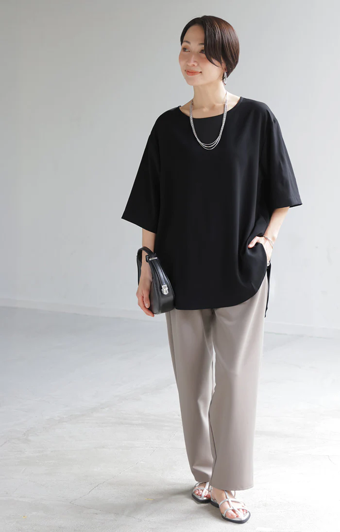 「Tシャツ感覚」 ブラウス Tブラウス レディース トップス シャツ 半袖 カットソー Tシャツ ティーシャツ プルオーバー バックボタン ジョーゼット 体型カバー ゆったり お尻が隠れる きれいめ 白 黒 春 夏 Bee Bouquet メール便 - Image 23