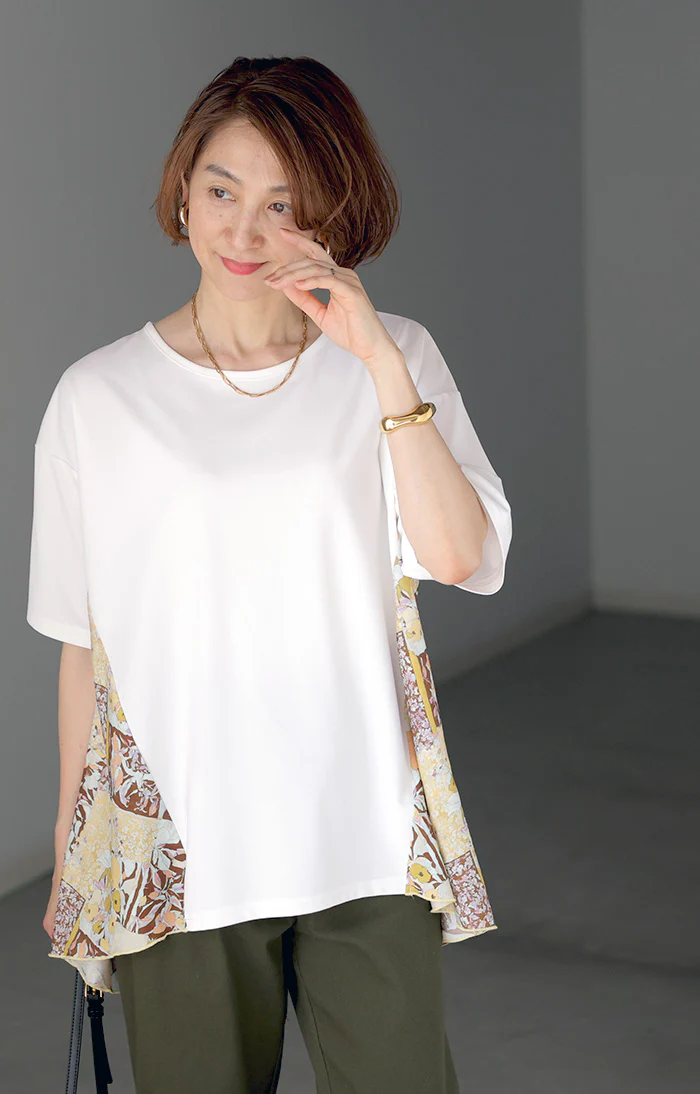 「華やかスカーフプリント」 シャツ ドッキング ペイズリー レディース トップス Tシャツ ブラウス ロング チュニック フレア スカーフ 柄 ノーカラー 軽い 薄手 プルオーバー 半袖 クルーネック ゆったり 体型カバー きれいめ 白 黒 春 夏 Bee Bouquet メール便 - Image 21