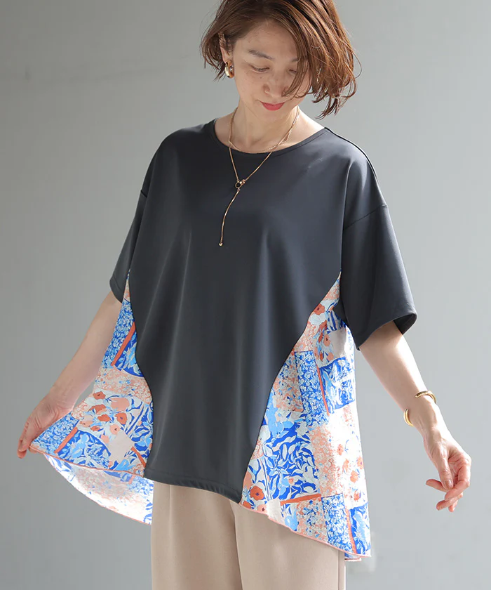 「華やかスカーフプリント」 シャツ ドッキング ペイズリー レディース トップス Tシャツ ブラウス ロング チュニック フレア スカーフ 柄 ノーカラー 軽い 薄手 プルオーバー 半袖 クルーネック ゆったり 体型カバー きれいめ 白 黒 春 夏 Bee Bouquet メール便 - Image 27
