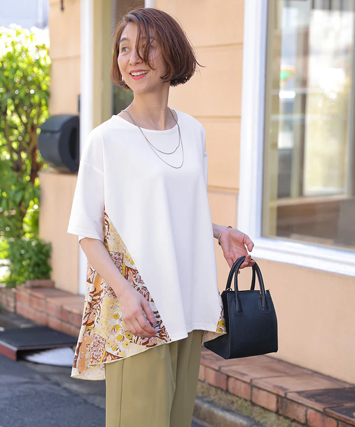 「華やかスカーフプリント」 シャツ ドッキング ペイズリー レディース トップス Tシャツ ブラウス ロング チュニック フレア スカーフ 柄 ノーカラー 軽い 薄手 プルオーバー 半袖 クルーネック ゆったり 体型カバー きれいめ 白 黒 春 夏 Bee Bouquet メール便 - Image 28