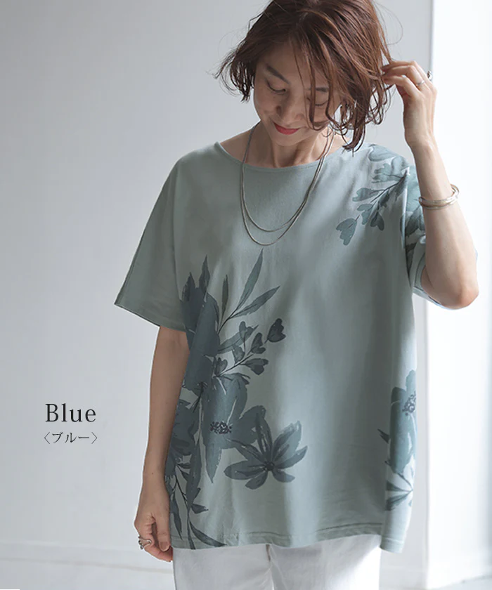 「360度お洒落な大花柄」Tシャツ 花柄 綿100 レディース トップス ロング カットソー プルオーバー チュニック ティーシャツ 半袖 コットン ゆったり 体型カバー 白 ホワイト 春 夏 Bee Bouquet - Image 13