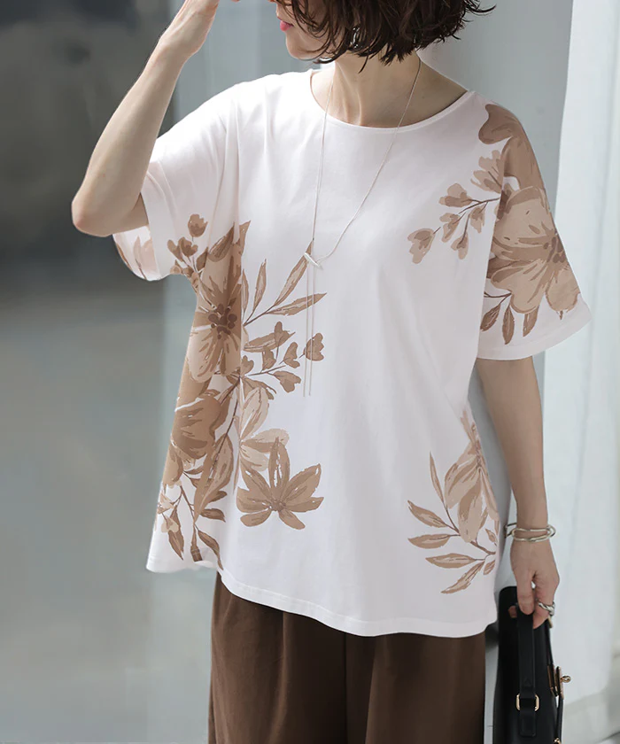 「360度お洒落な大花柄」Tシャツ 花柄 綿100 レディース トップス ロング カットソー プルオーバー チュニック ティーシャツ 半袖 コットン ゆったり 体型カバー 白 ホワイト 春 夏 Bee Bouquet - Image 28