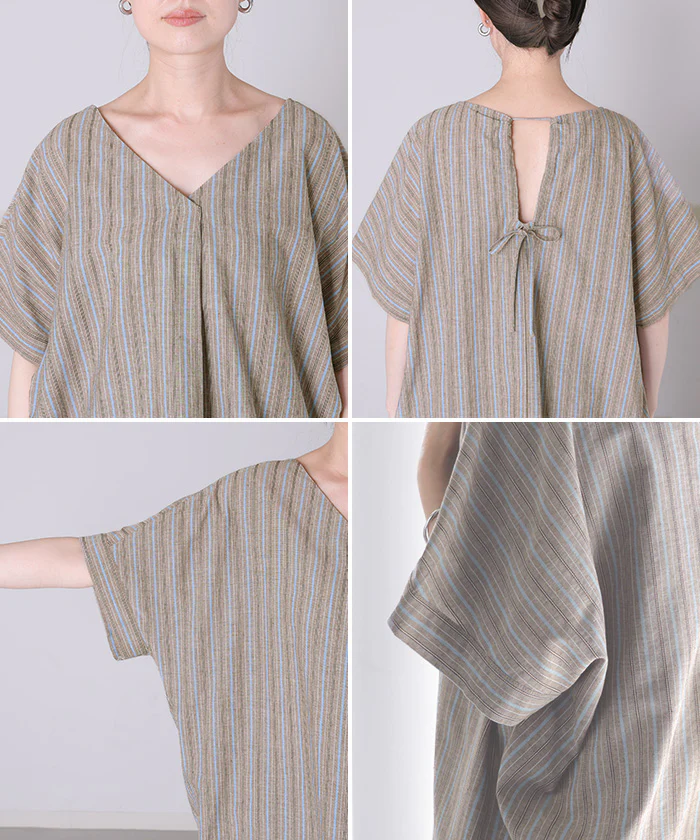 「振り返り美人」 バックリボン ストライプ ブラウス レディース トップス シャツ フレンチスリーブ スキッパー リボン レイヤード ゆったり 体型カバー 白 ブラウン 春 夏 Bee Bouquet メール便 - Image 22