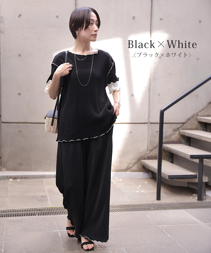 「袖で魅せる大人配色」 トップス プリーツ 配色 レディース ロング Tシャツ カットソー ティーシャツ チュニック プルオーバー 半袖 5分袖 メロー 薄手 ストレッチ ゆったり お尻隠れる 二の腕カバー 体型カバー 黒 白 春 夏 Bee Bouquet - Image 14