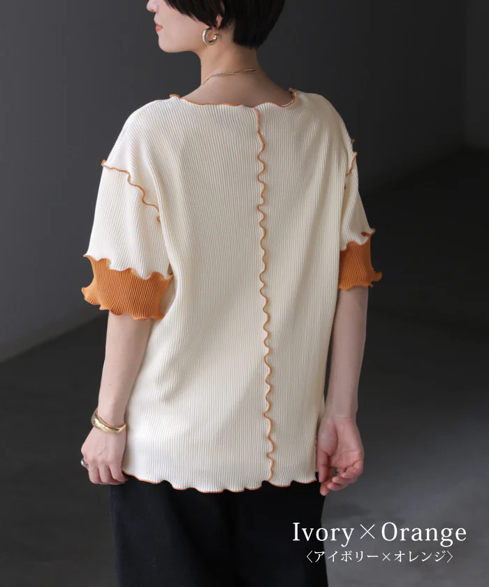 「袖で魅せる大人配色」 トップス プリーツ 配色 レディース ロング Tシャツ カットソー ティーシャツ チュニック プルオーバー 半袖 5分袖 メロー 薄手 ストレッチ ゆったり お尻隠れる 二の腕カバー 体型カバー 黒 白 春 夏 Bee Bouquet - Image 15