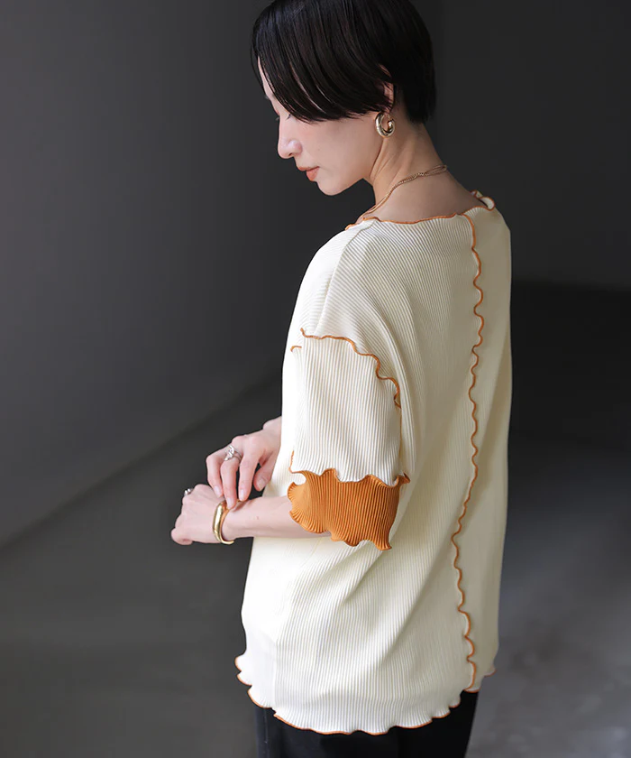 「袖で魅せる大人配色」 トップス プリーツ 配色 レディース ロング Tシャツ カットソー ティーシャツ チュニック プルオーバー 半袖 5分袖 メロー 薄手 ストレッチ ゆったり お尻隠れる 二の腕カバー 体型カバー 黒 白 春 夏 Bee Bouquet - Image 28