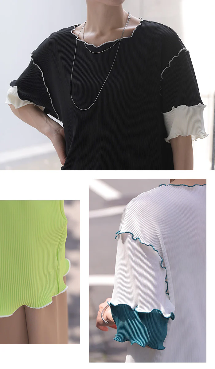 「袖で魅せる大人配色」 トップス プリーツ 配色 レディース ロング Tシャツ カットソー ティーシャツ チュニック プルオーバー 半袖 5分袖 メロー 薄手 ストレッチ ゆったり お尻隠れる 二の腕カバー 体型カバー 黒 白 春 夏 Bee Bouquet - Image 6