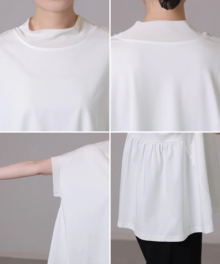 「一枚で品よく着映える」 Tシャツ ハイネック チュール レディース トップス カットソー UVカット 接触冷感 抗菌 チュニック ギャザー シアー 透け 紫外線対策 ブラウス 半袖 無地 ゆったり 体型カバー お尻隠れる 黒 白 青 春 夏 Bee Bouquet メール便 - Image 21