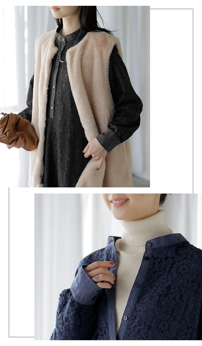 ワンピース レース シャツ 異素材 MIX レディース ワンピ ロング ロングワンピース シャツワンピース Aライン マキシワンピース ロングシャツ ロングワンピ チクチクしない ウエストゴム 長袖 きれいめ 体型カバー ゆったり 秋 冬 - Image 17