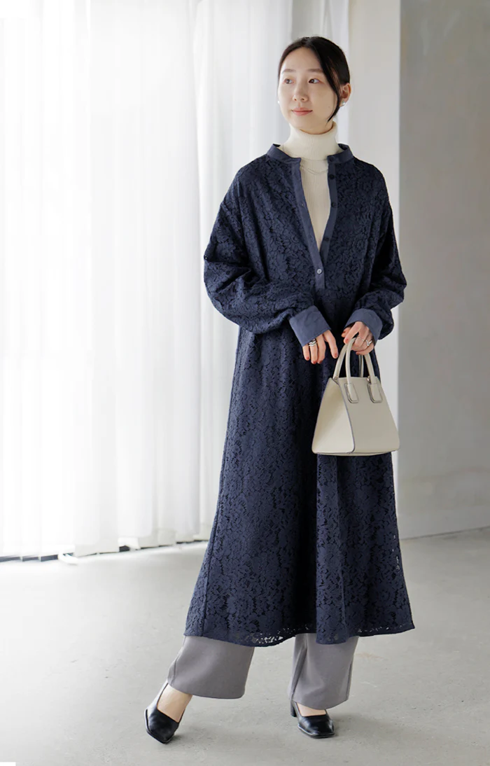 ワンピース レース シャツ 異素材 MIX レディース ワンピ ロング ロングワンピース シャツワンピース Aライン マキシワンピース ロングシャツ ロングワンピ チクチクしない ウエストゴム 長袖 きれいめ 体型カバー ゆったり 秋 冬 - Image 20