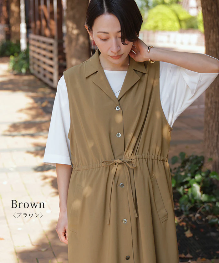 「着こなし自由」 2way ジレ ワンピース レディース ロングジレ ベスト 羽織 ゆったり 前開き レイヤード 体型カバー 重ね着 ドレープ ブラウン 黒 グレー きれいめ カジュアル 春 夏 Bee Bouquet - Image 14