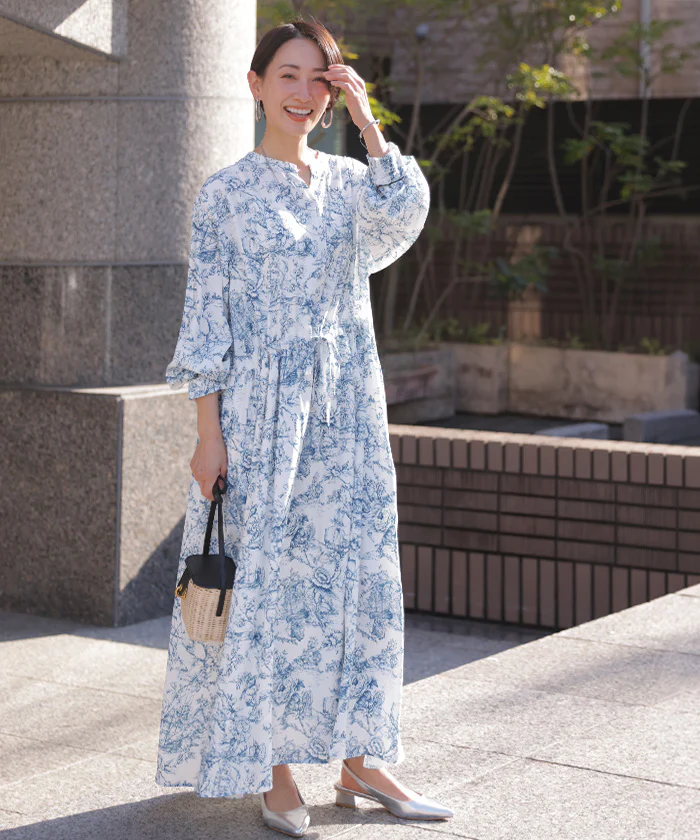 「街映えワンピ」 ワンピース ロング 風景柄 レディース ロングワンピ マキシ 長袖 総柄 スキッパー フレア ゆったり 体型カバー きれいめ 上品 黒 青 春 秋 Bee Bouquet - Image 27