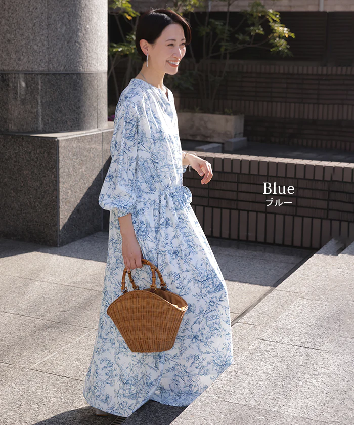 「街映えワンピ」 ワンピース ロング 風景柄 レディース ロングワンピ マキシ 長袖 総柄 スキッパー フレア ゆったり 体型カバー きれいめ 上品 黒 青 春 秋 Bee Bouquet - Image 9