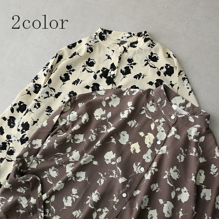 【夏セール】 甘さ控えめ・・ 花柄 シャツ とろみ レディース トップス ロング ロングシャツ ブラウス チュニック バンドカラー ノーカラー 体型カバー オーバーサイズ 総柄 シワになりにくい お尻が隠れる 長袖 羽織 大きいサイズ 白 春 夏 HUG.U メール便 - Image 11