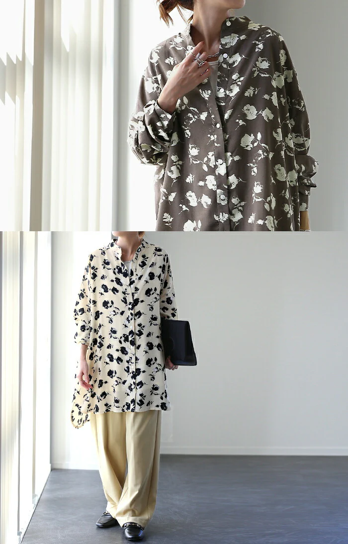 【夏セール】 甘さ控えめ・・ 花柄 シャツ とろみ レディース トップス ロング ロングシャツ ブラウス チュニック バンドカラー ノーカラー 体型カバー オーバーサイズ 総柄 シワになりにくい お尻が隠れる 長袖 羽織 大きいサイズ 白 春 夏 HUG.U メール便 - Image 20