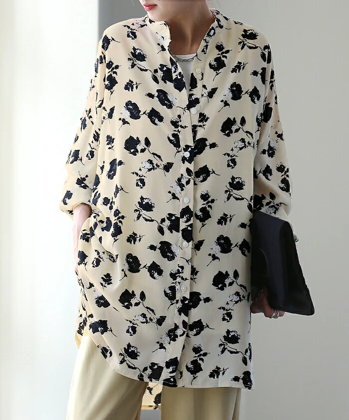 【夏セール】 甘さ控えめ・・ 花柄 シャツ とろみ レディース トップス ロング ロングシャツ ブラウス チュニック バンドカラー ノーカラー 体型カバー オーバーサイズ 総柄 シワになりにくい お尻が隠れる 長袖 羽織 大きいサイズ 白 春 夏 HUG.U メール便 - Image 5