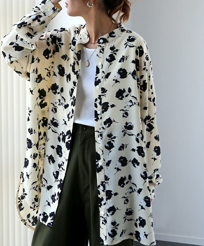 【夏セール】 甘さ控えめ・・ 花柄 シャツ とろみ レディース トップス ロング ロングシャツ ブラウス チュニック バンドカラー ノーカラー 体型カバー オーバーサイズ 総柄 シワになりにくい お尻が隠れる 長袖 羽織 大きいサイズ 白 春 夏 HUG.U メール便 - Image 8