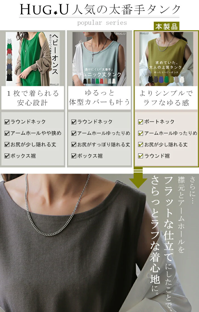 ありそうでない。 タンクトップ 透けにくい レディース トップス ノースリーブ ボートネック ヘビーオンス 厚手 ラウンド裾 レイヤード コットン 綿 無地 インナー チュニック バスク ゆったり 大きいサイズ 体型カバー 春 夏 白 HUG.U メール便 - Image 3