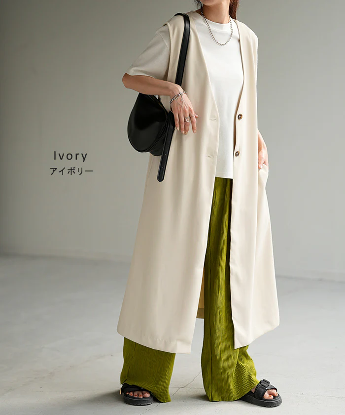 ベスト ジレ ロングベスト トップス 薄手 ロングジレ 前開き レイヤード スリット ロング 体型カバー ノーカラ― Vネック 深V ノースリーブ お尻が隠れる アウター 羽織 きれいめ おしゃれ 大きいサイズ フォーマル ホワイト ブラック 黒 春 夏 HUG.U メール便 - Image 12