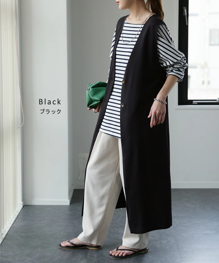 ベスト ジレ ロングベスト トップス 薄手 ロングジレ 前開き レイヤード スリット ロング 体型カバー ノーカラ― Vネック 深V ノースリーブ お尻が隠れる アウター 羽織 きれいめ おしゃれ 大きいサイズ フォーマル ホワイト ブラック 黒 春 夏 HUG.U メール便 - Image 15